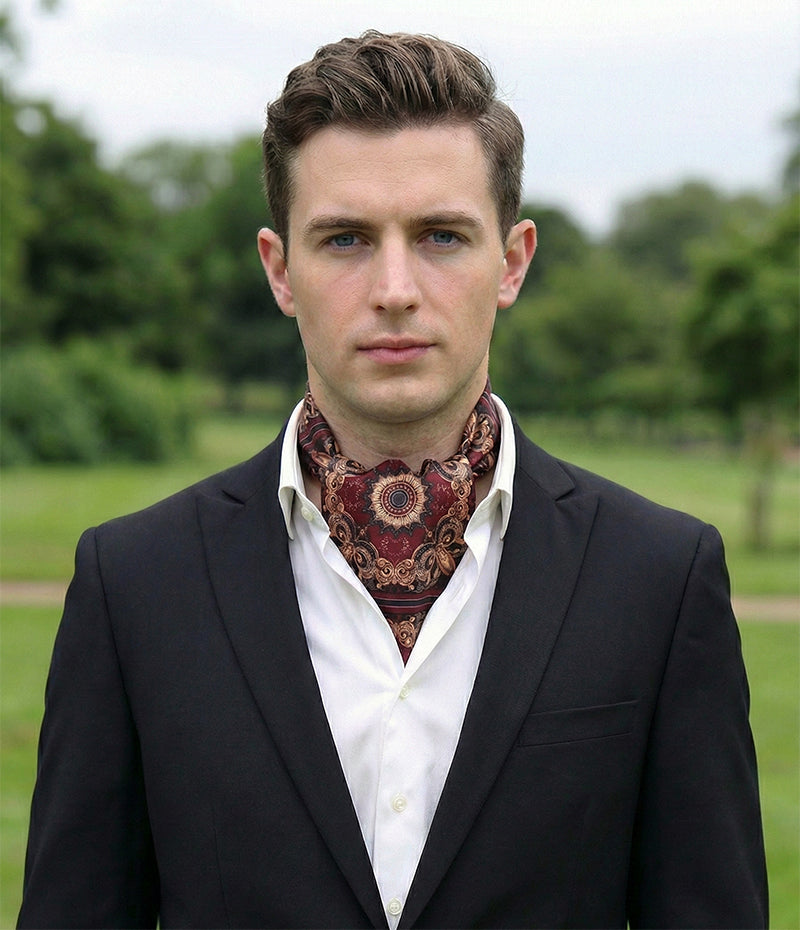 Genuine Silk Maroon with Sunburst Medallion Ascot Cravat