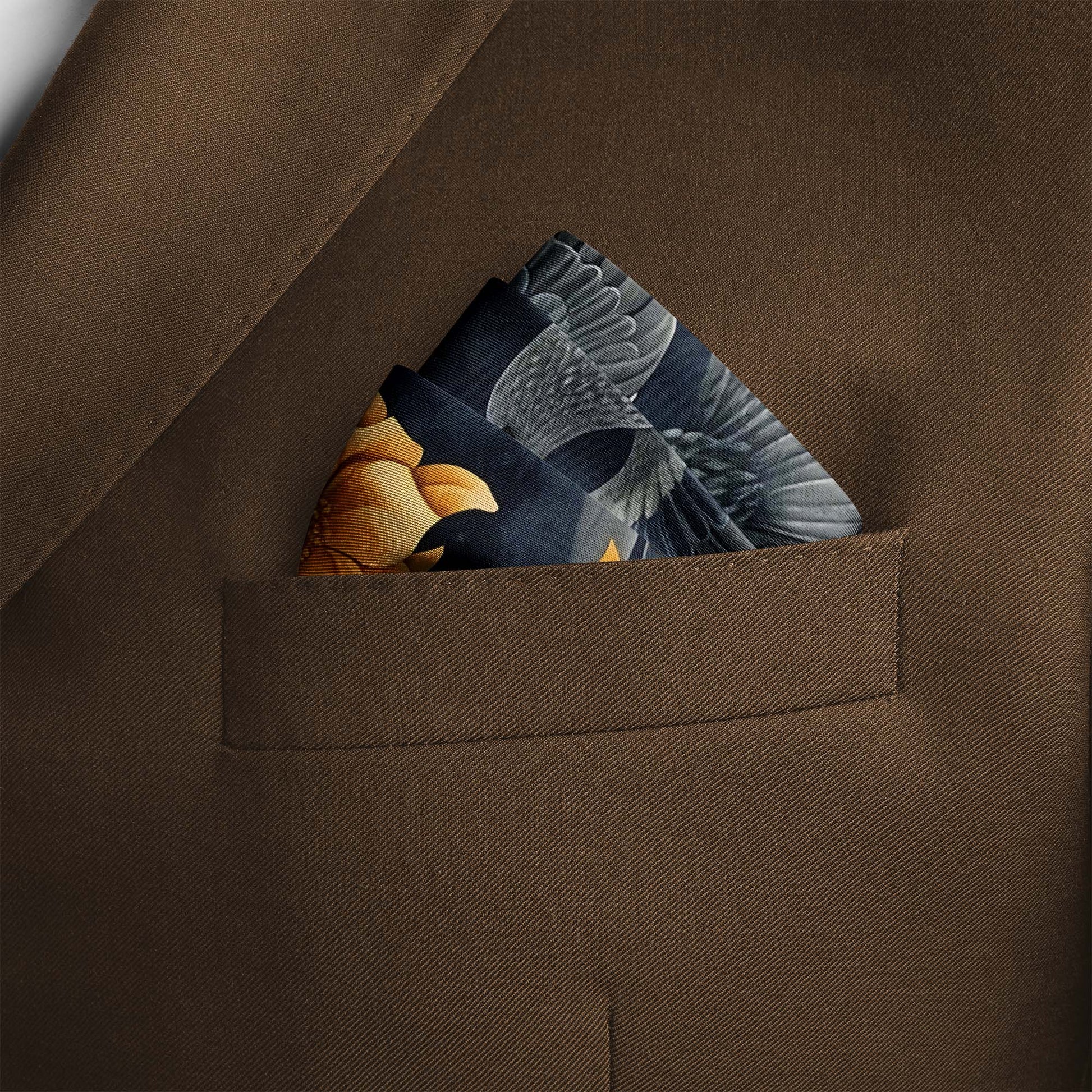 Genuine Silk Midnight Sparrow and Marigold Sky Pocket Square