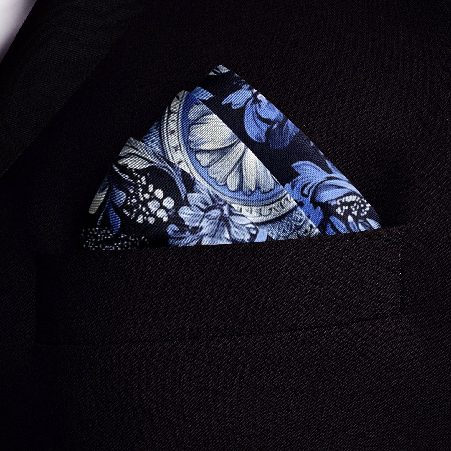 Genuine Silk Navy Delft Blossom Medallion Pocket Square