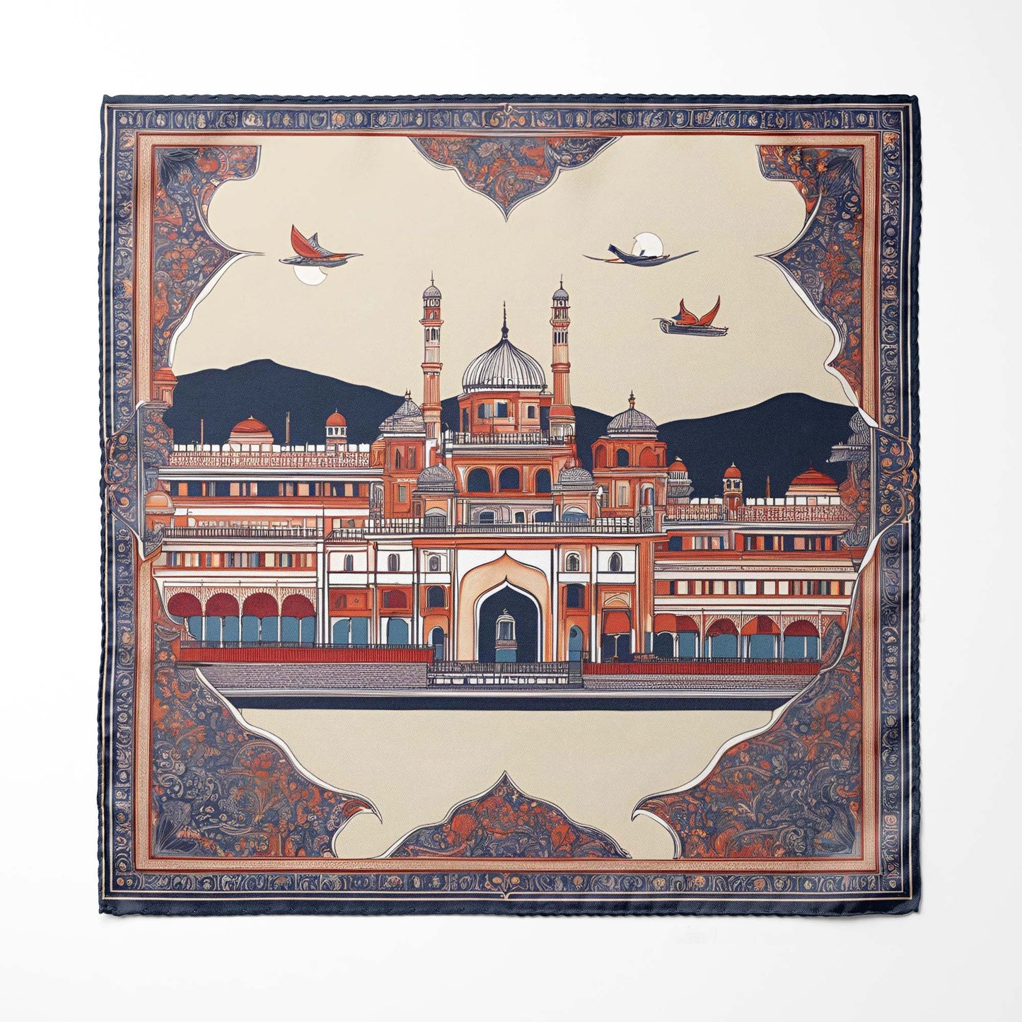 Genuine Silk Navy Terracotta Mughal Palace Pocket Square