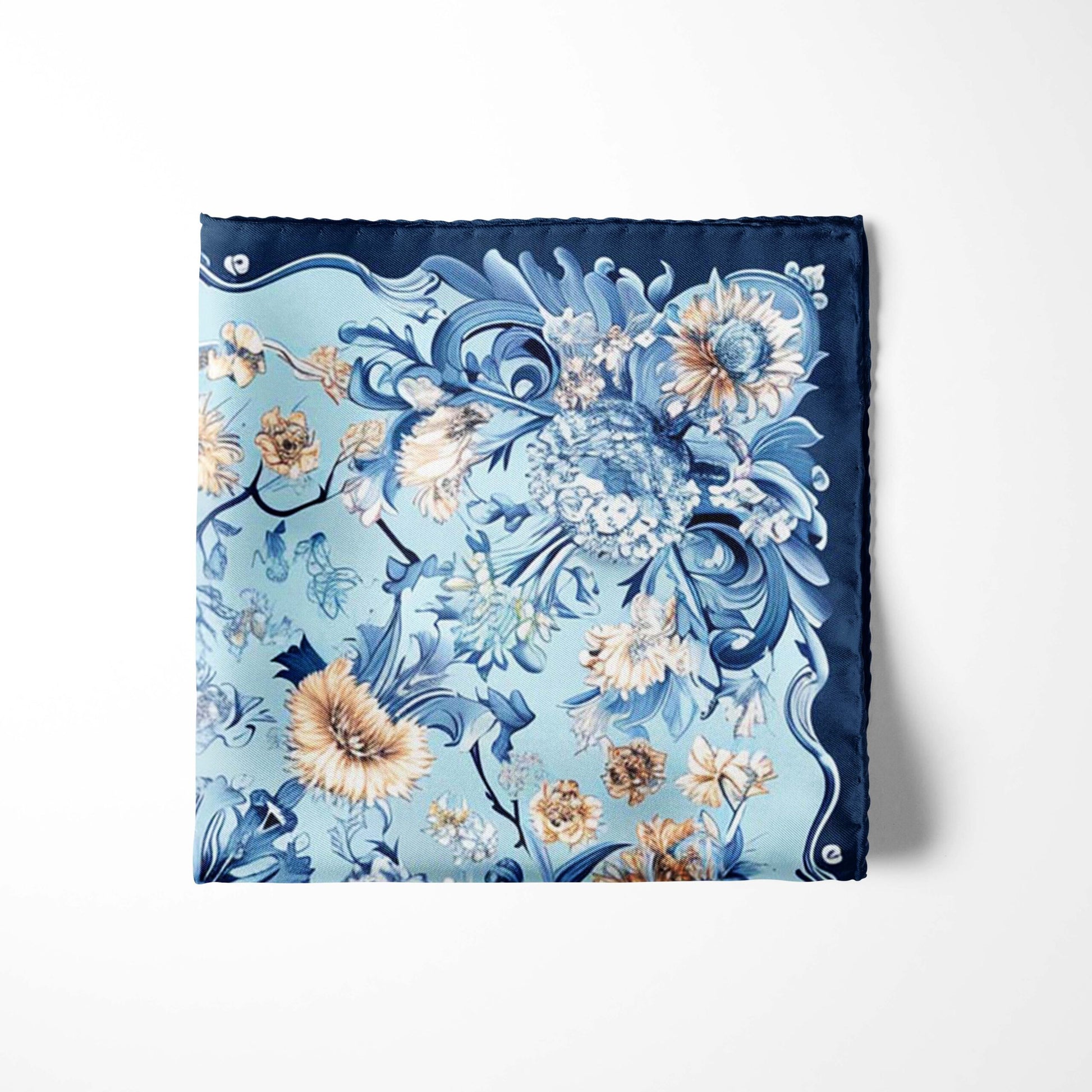 Genuine Silk Powder Blue Baroque Floral Pocket Square
