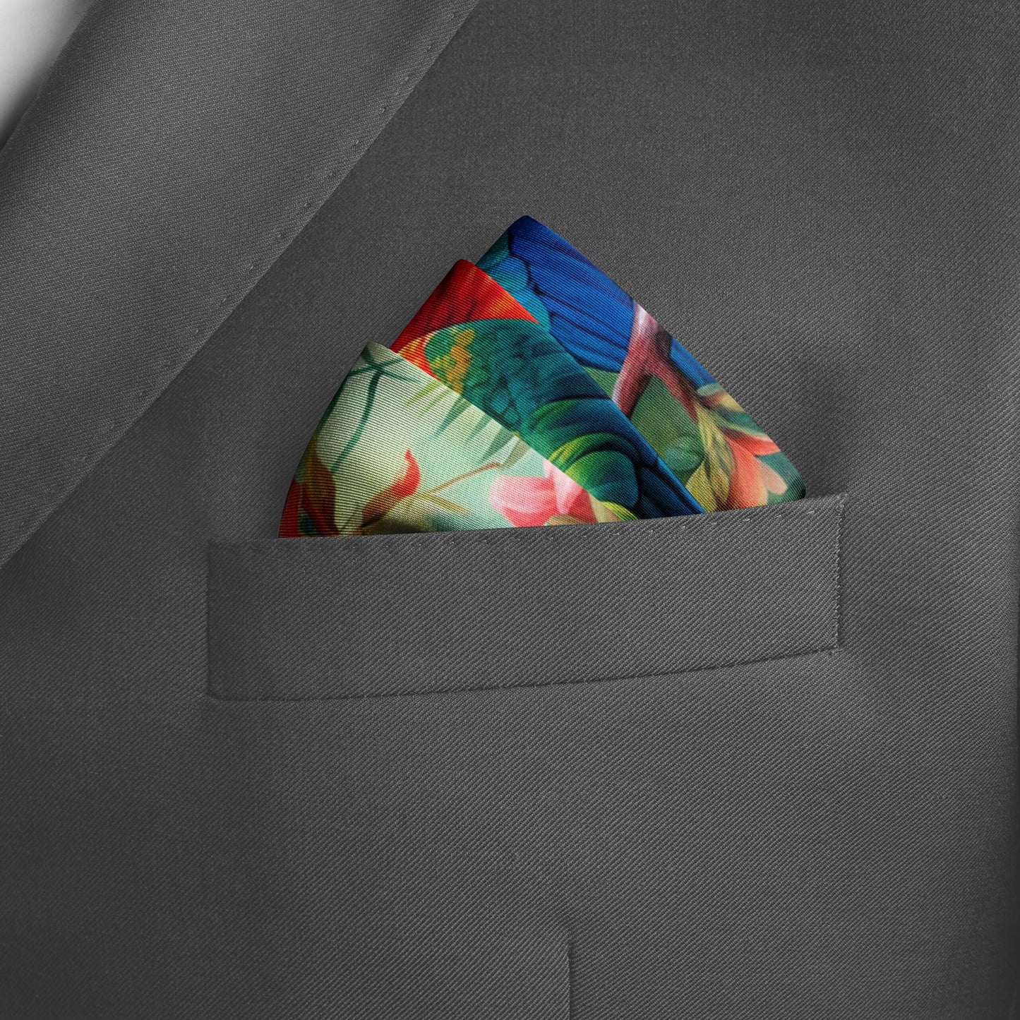 Genuine Silk Rainbow Macaws and Tropical Reverie Pocket Square