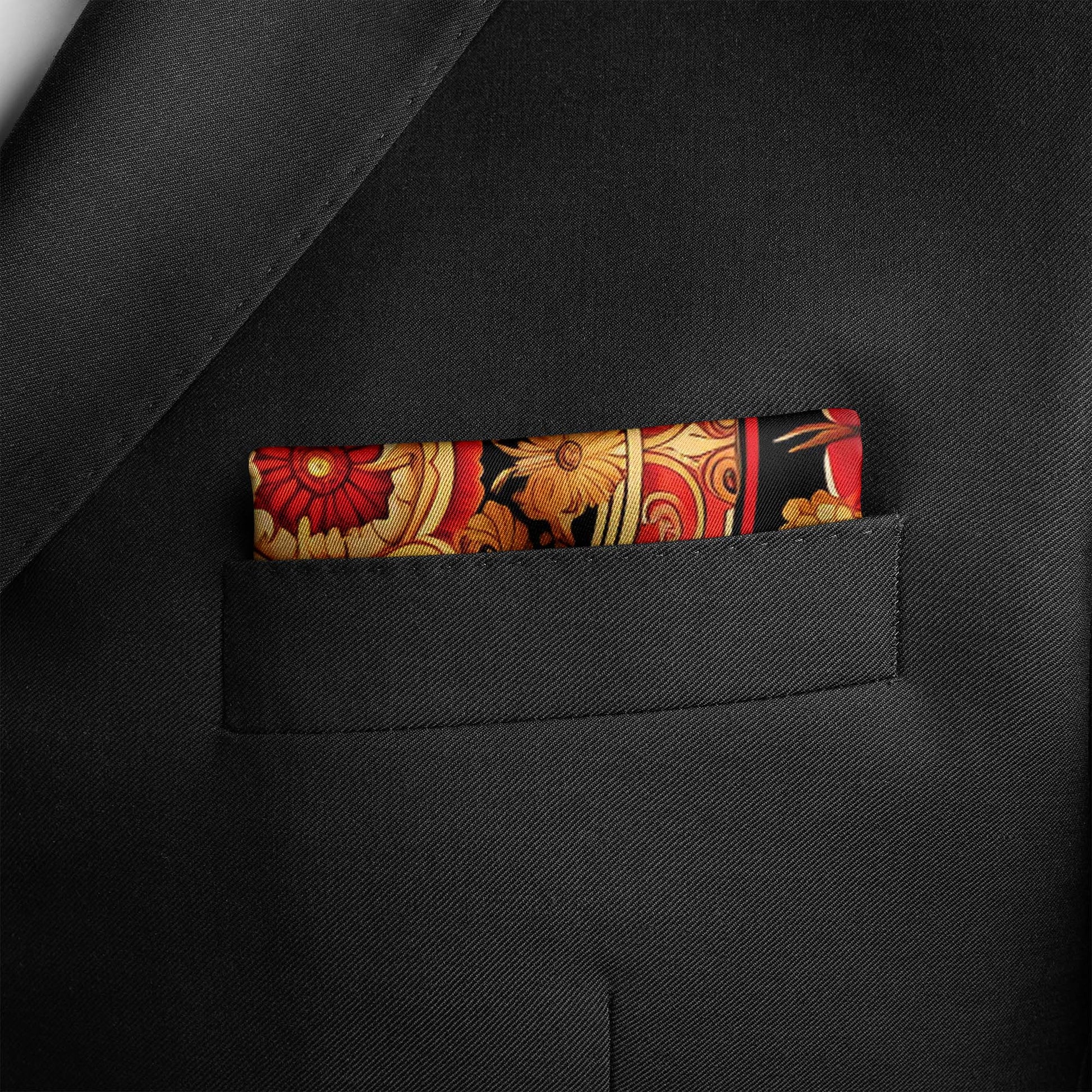 Genuine Silk Regal Red & Gold Baroque Medallion Pocket Square