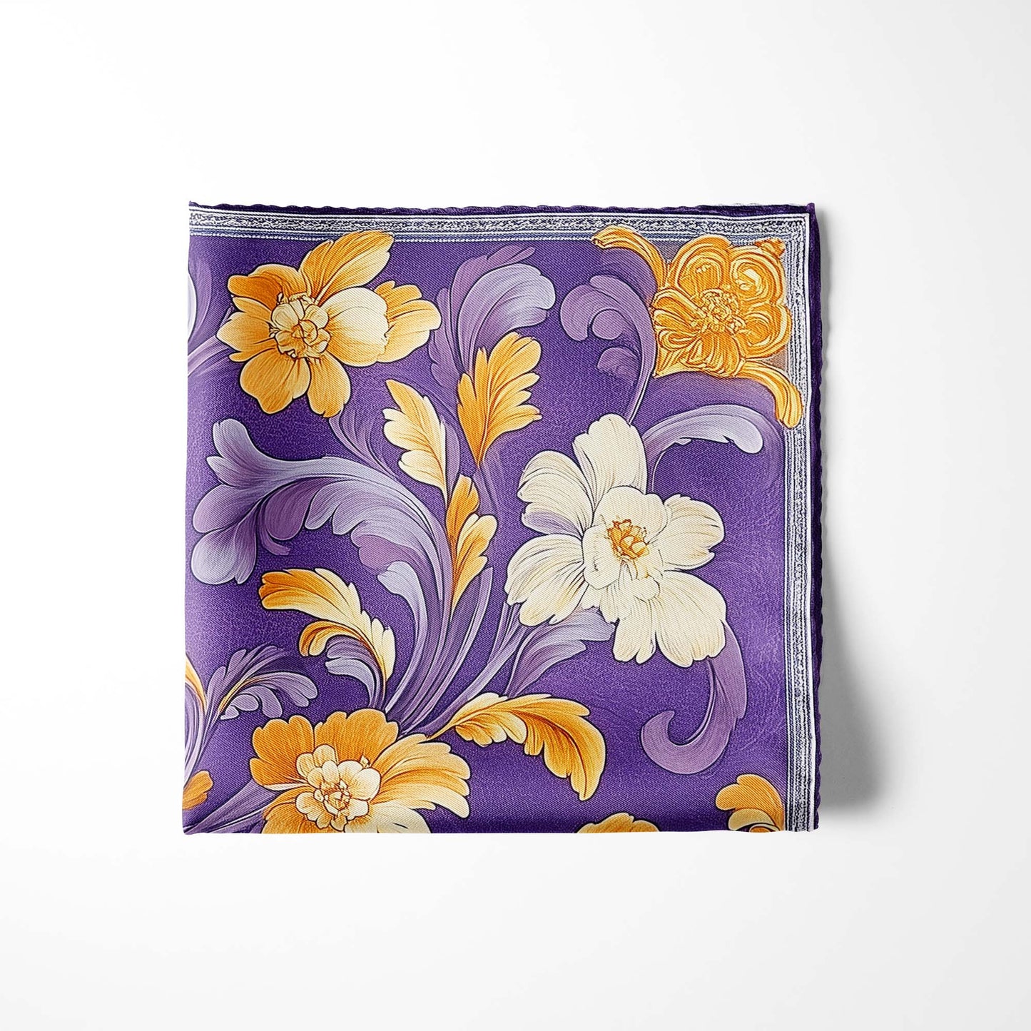 Genuine Silk Royal Violet and Marigold Floral Pocket Square