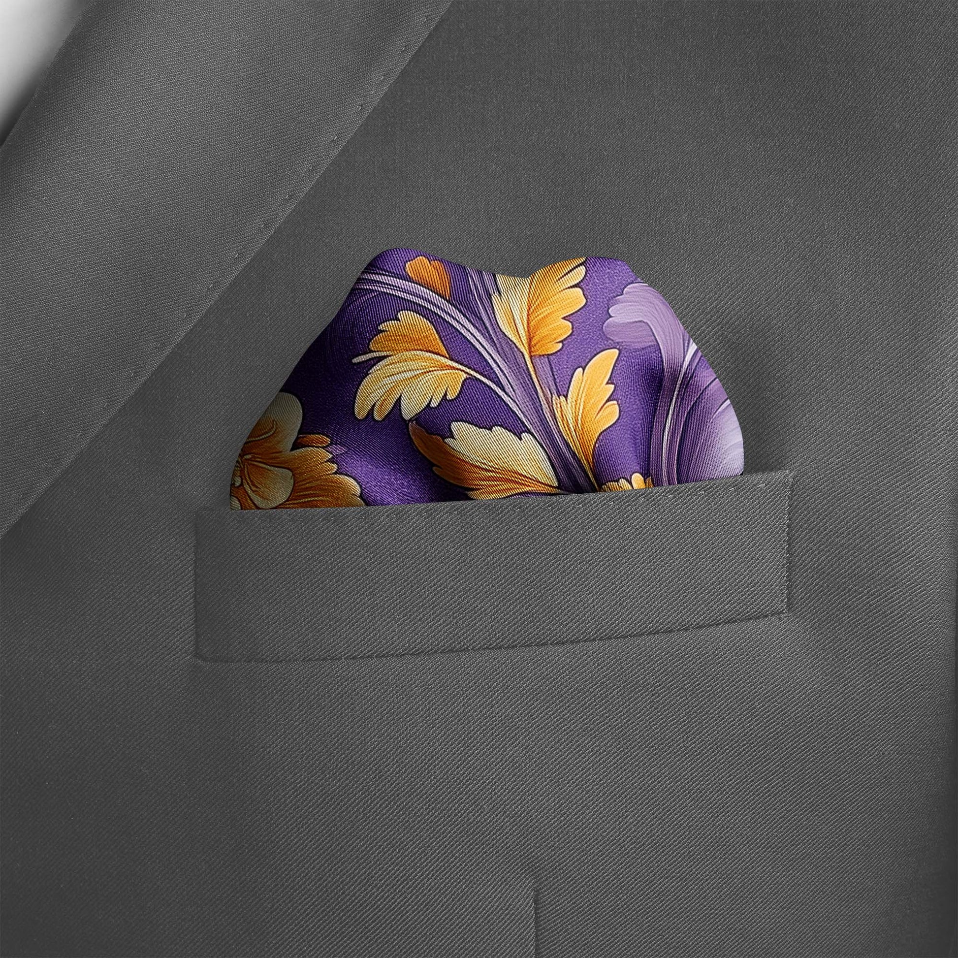 Genuine Silk Royal Violet and Marigold Floral Pocket Square