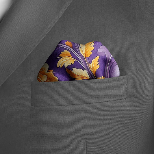 Genuine Silk Royal Violet and Marigold Floral Pocket Square