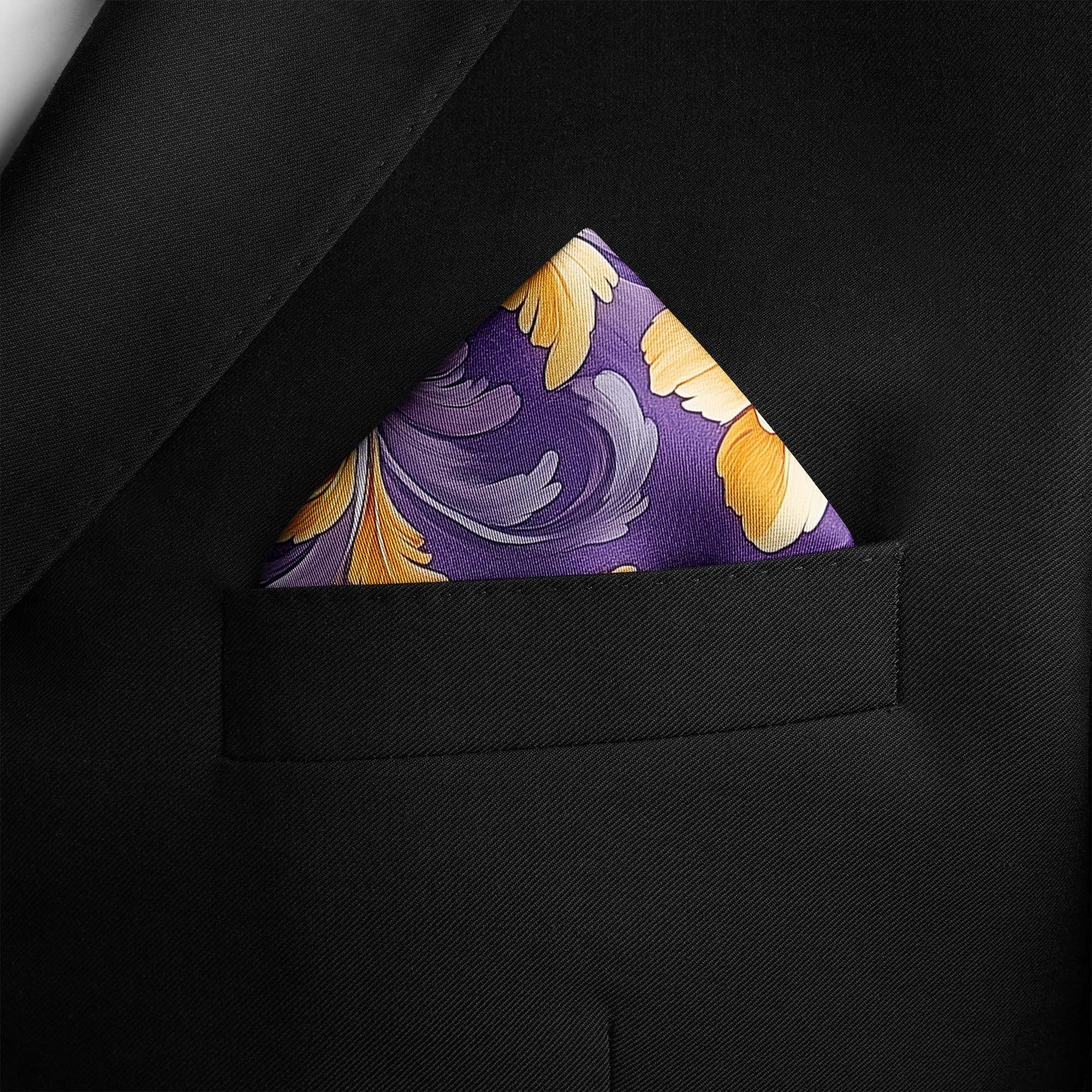 Genuine Silk Royal Violet and Marigold Floral Pocket Square
