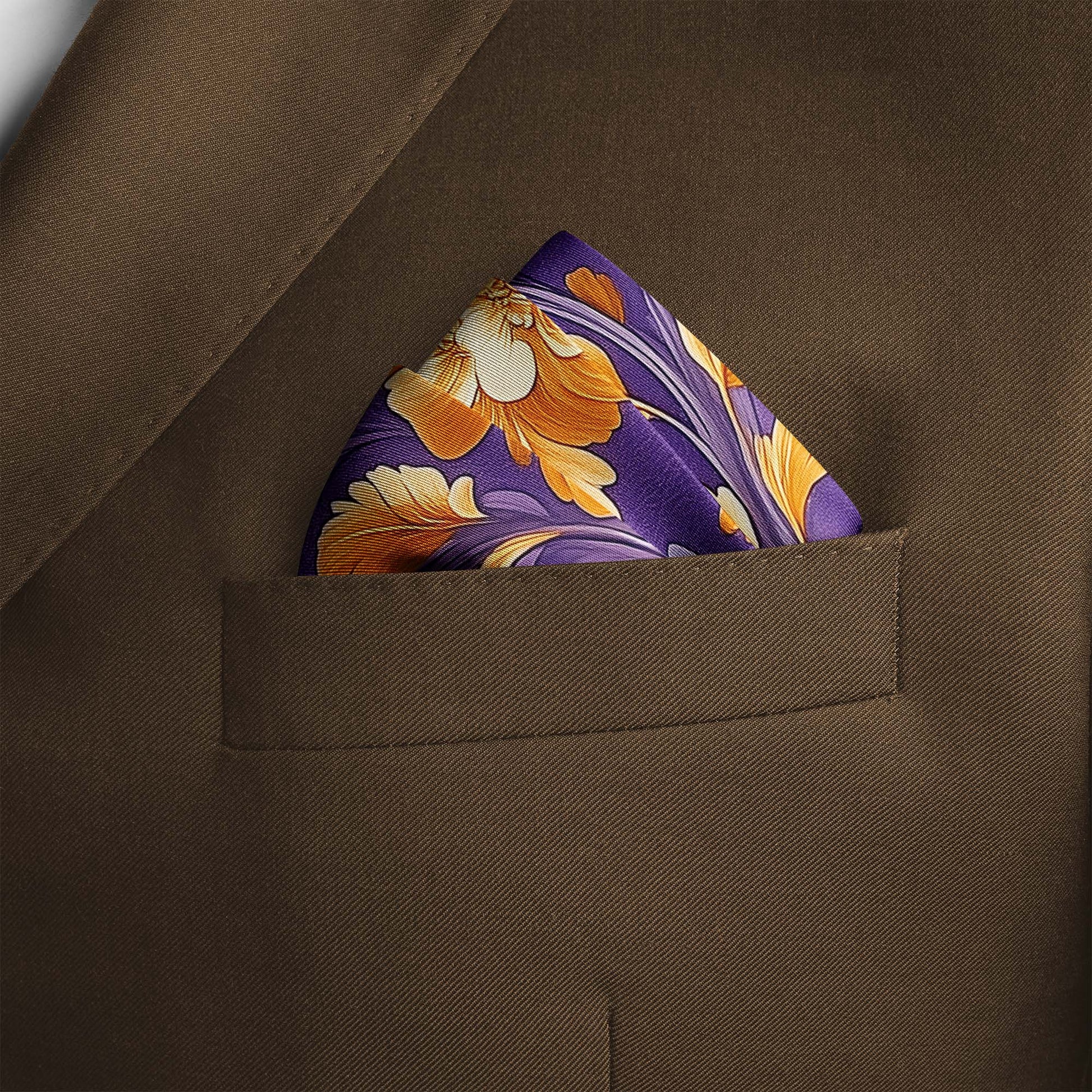 Genuine Silk Royal Violet and Marigold Floral Pocket Square
