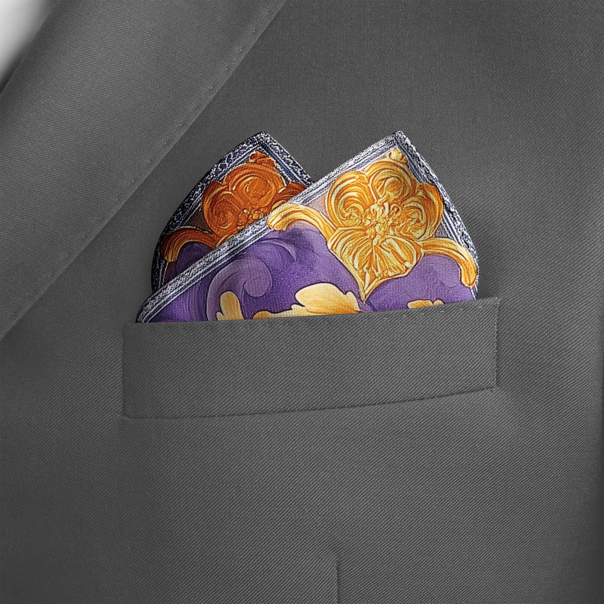 Genuine Silk Royal Violet and Marigold Floral Pocket Square