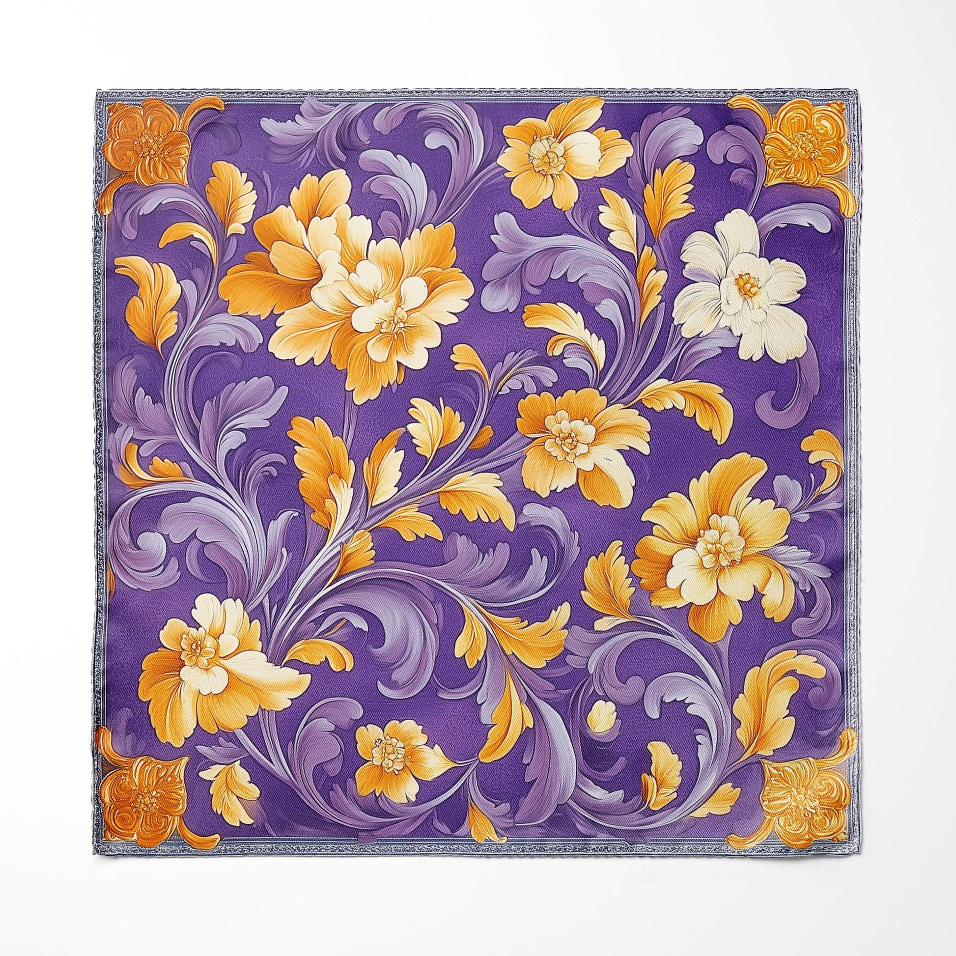 Genuine Silk Royal Violet and Marigold Floral Pocket Square