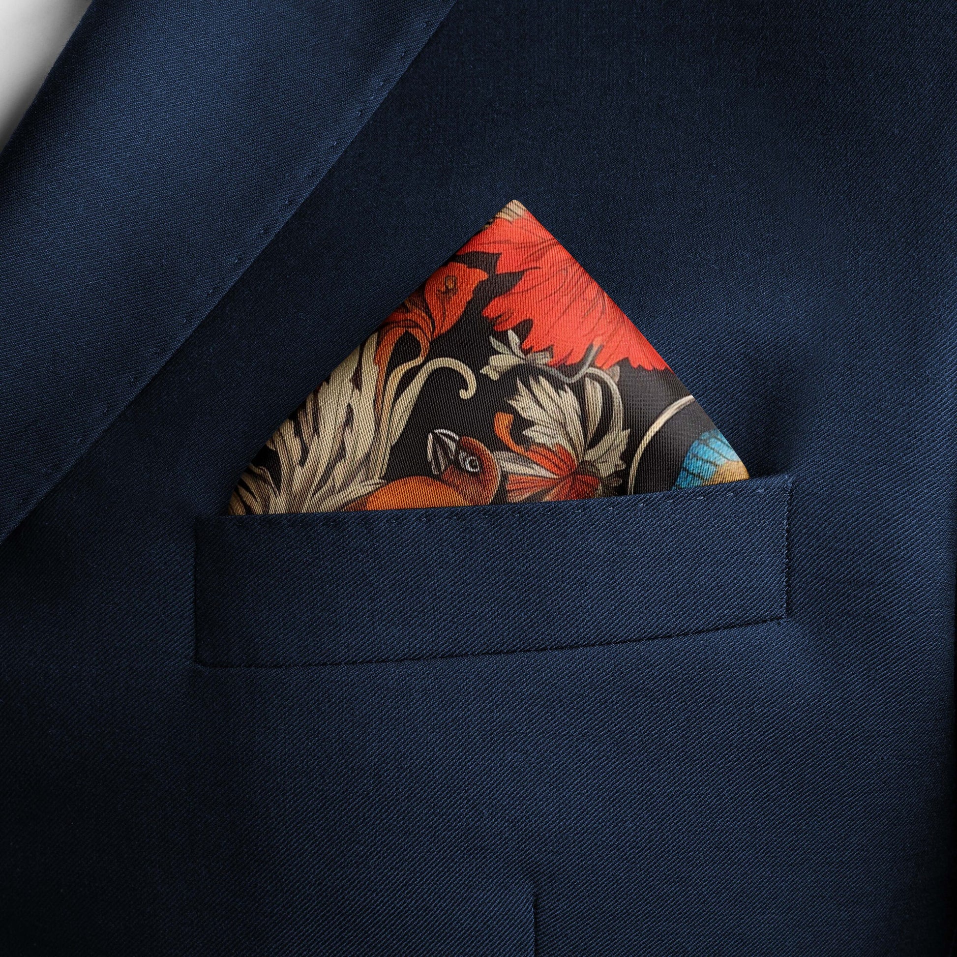 Genuine Silk Scarlet Macaws and Jungle Bloom Pocket Square