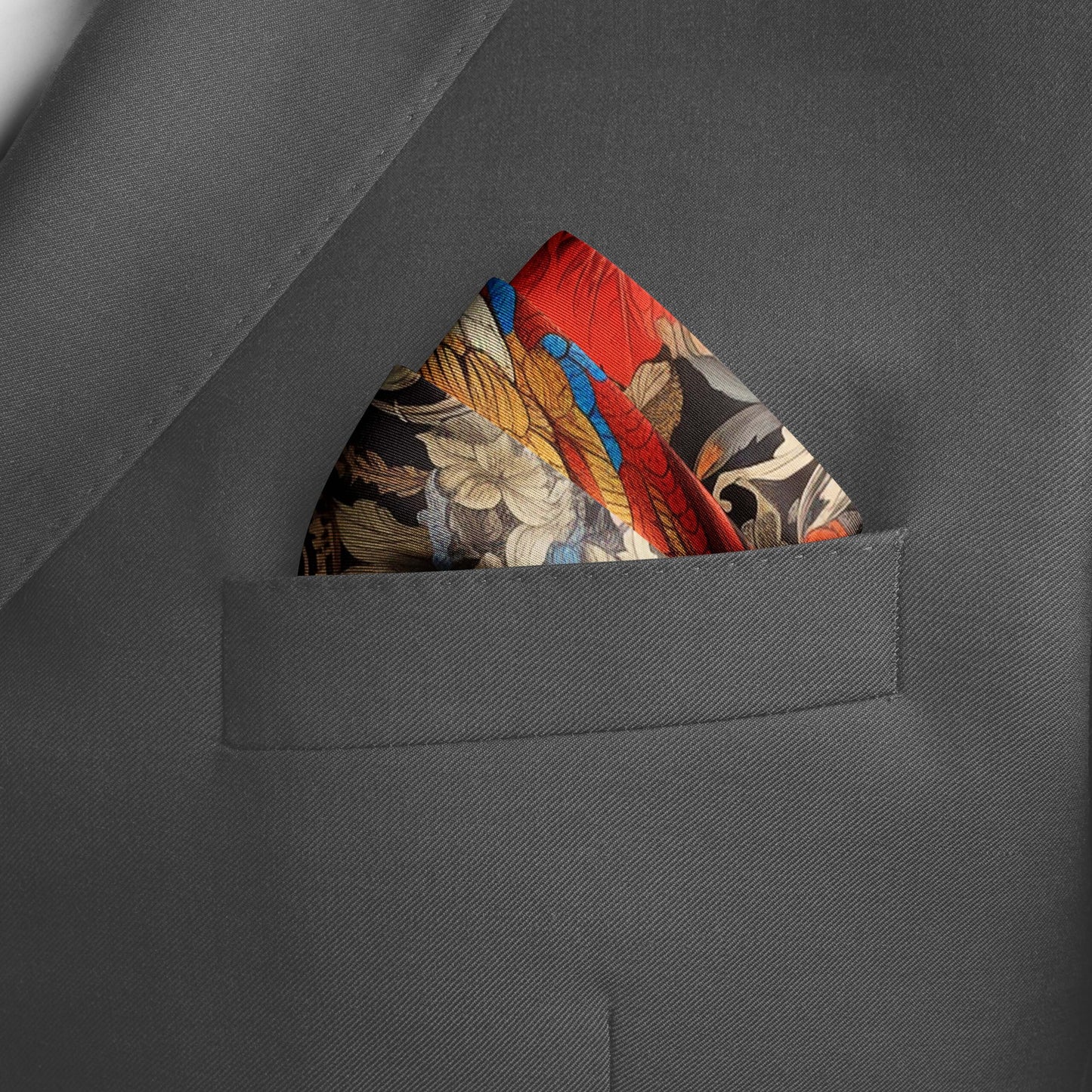 Genuine Silk Scarlet Macaws and Jungle Bloom Pocket Square