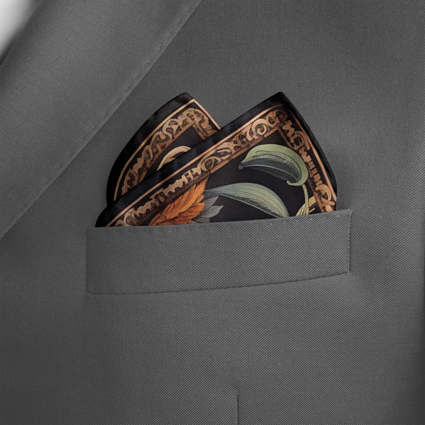 Genuine Silk Scarlet Macaws and Jungle Bloom Pocket Square