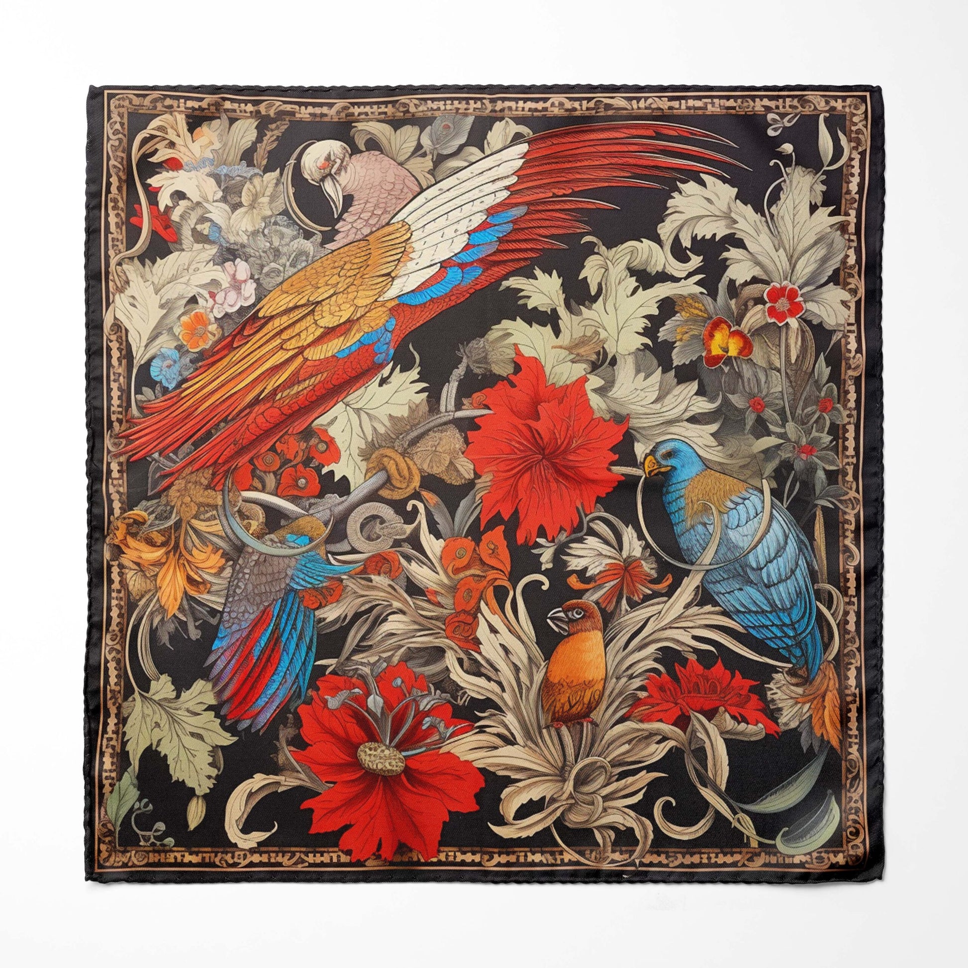 Genuine Silk Scarlet Macaws and Jungle Bloom Pocket Square