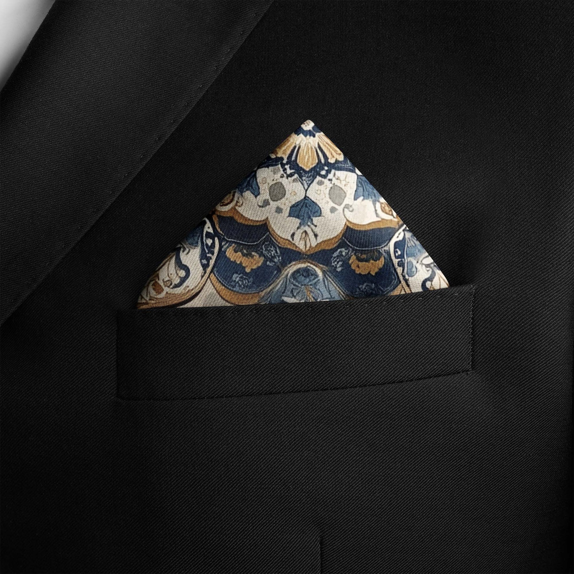 Genuine Silk Stonework Blue and Antique Floral Medallion Pocket Square