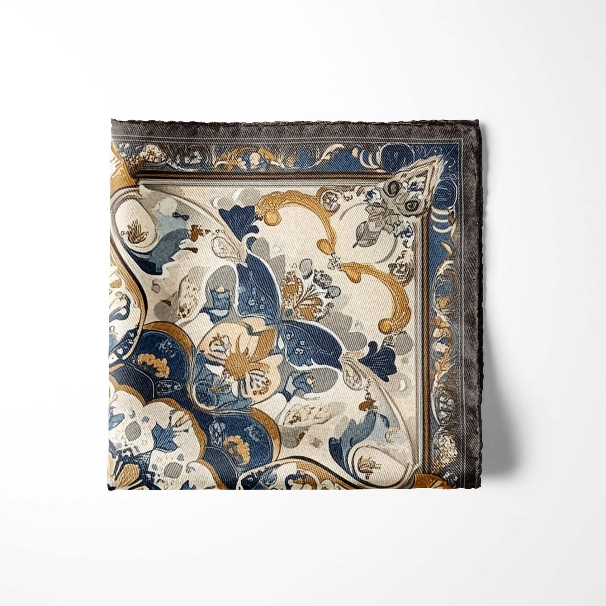 Genuine Silk Stonework Blue and Antique Floral Medallion Pocket Square