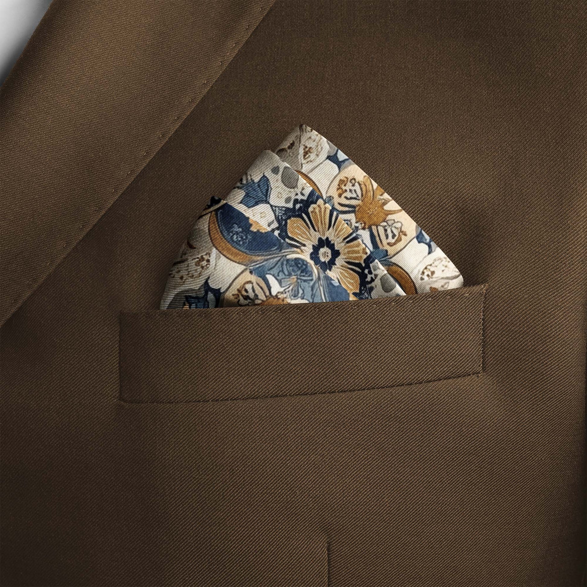 Genuine Silk Stonework Blue and Antique Floral Medallion Pocket Square