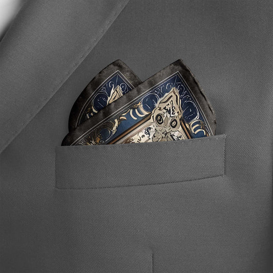 Genuine Silk Stonework Blue and Antique Floral Medallion Pocket Square