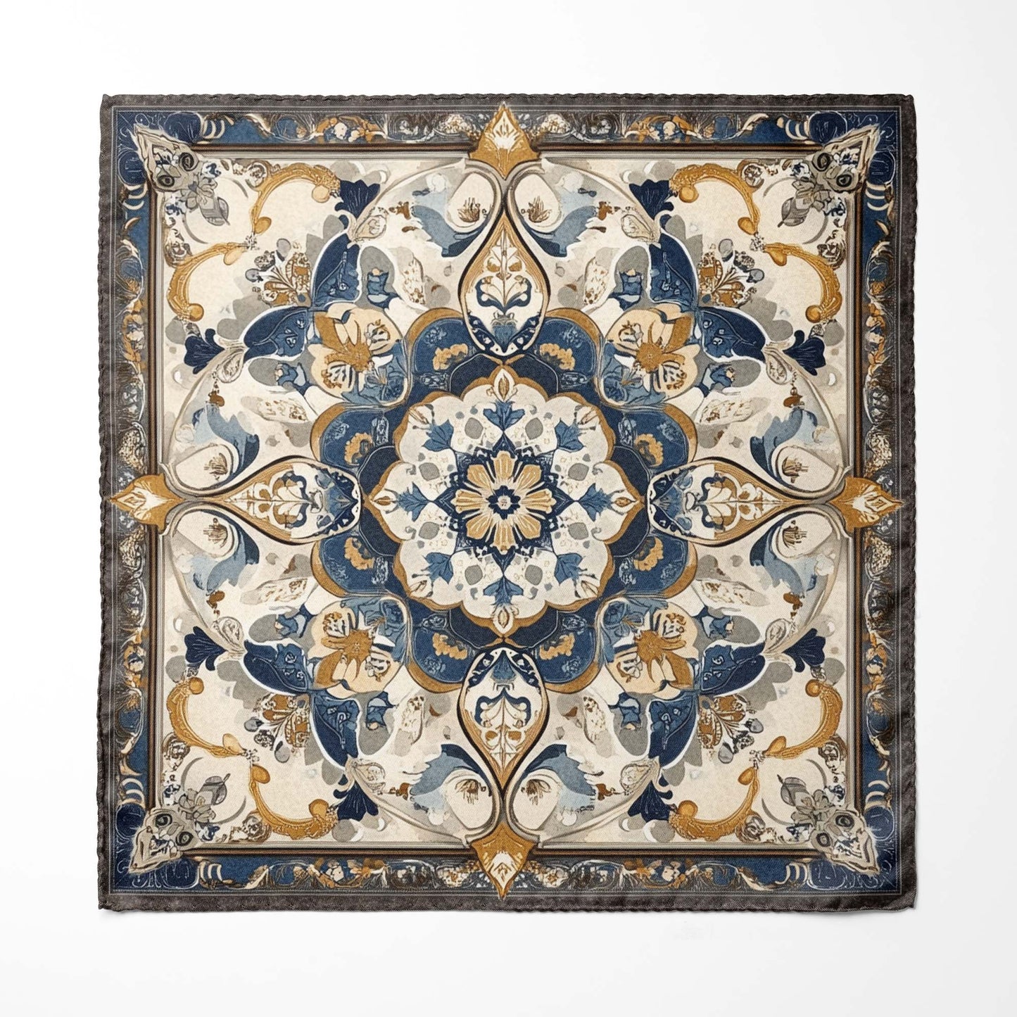 Genuine Silk Stonework Blue and Antique Floral Medallion Pocket Square