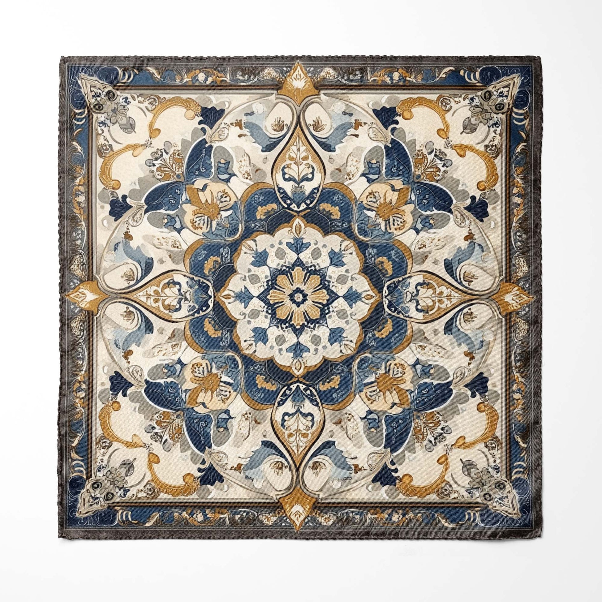Genuine Silk Stonework Blue and Antique Floral Medallion Pocket Square