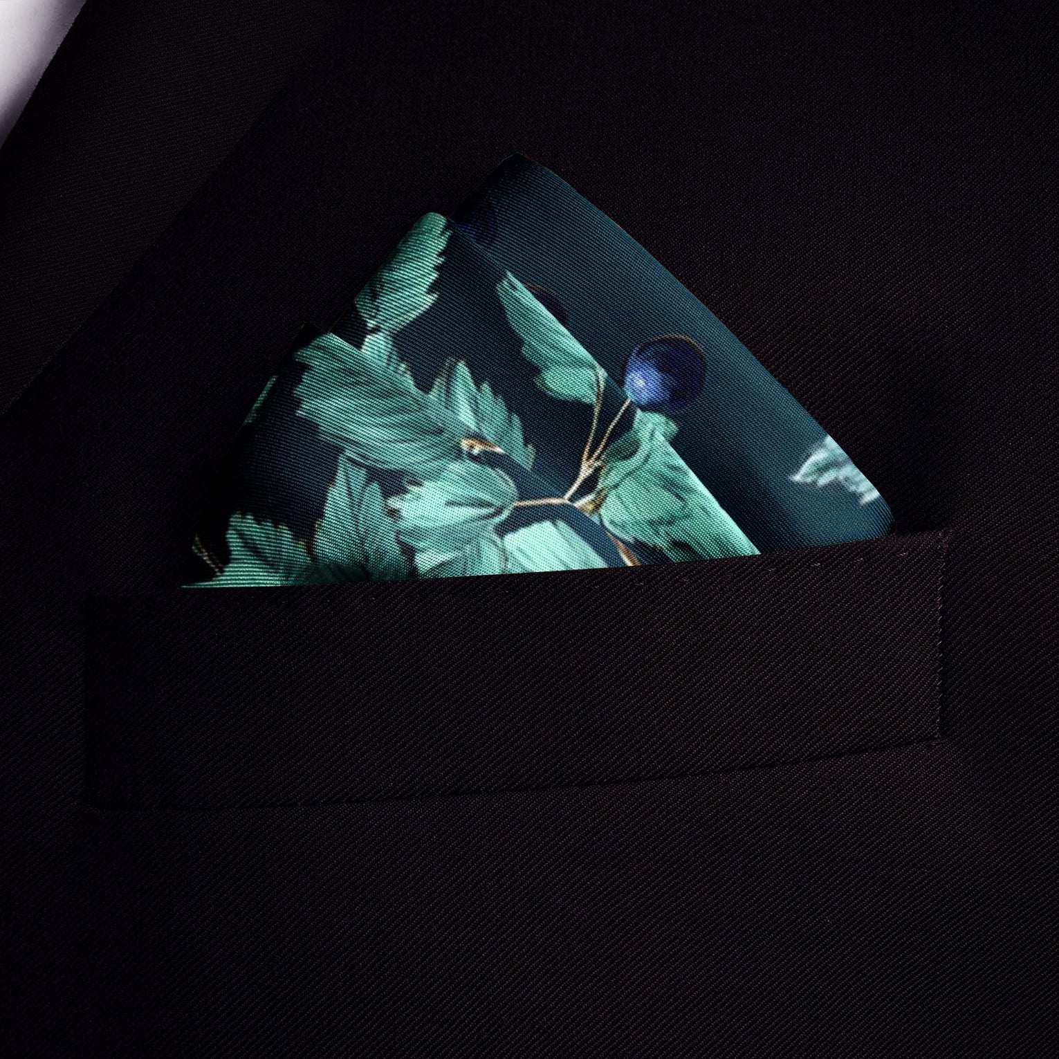 Genuine Silk Teal Gold Forest Botanical Pocket Square