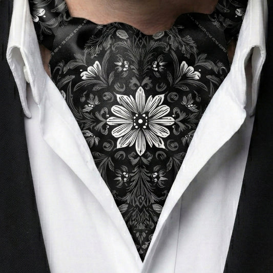 Genuine Silk Monochrome Floral Elegance Ascot Cravat
