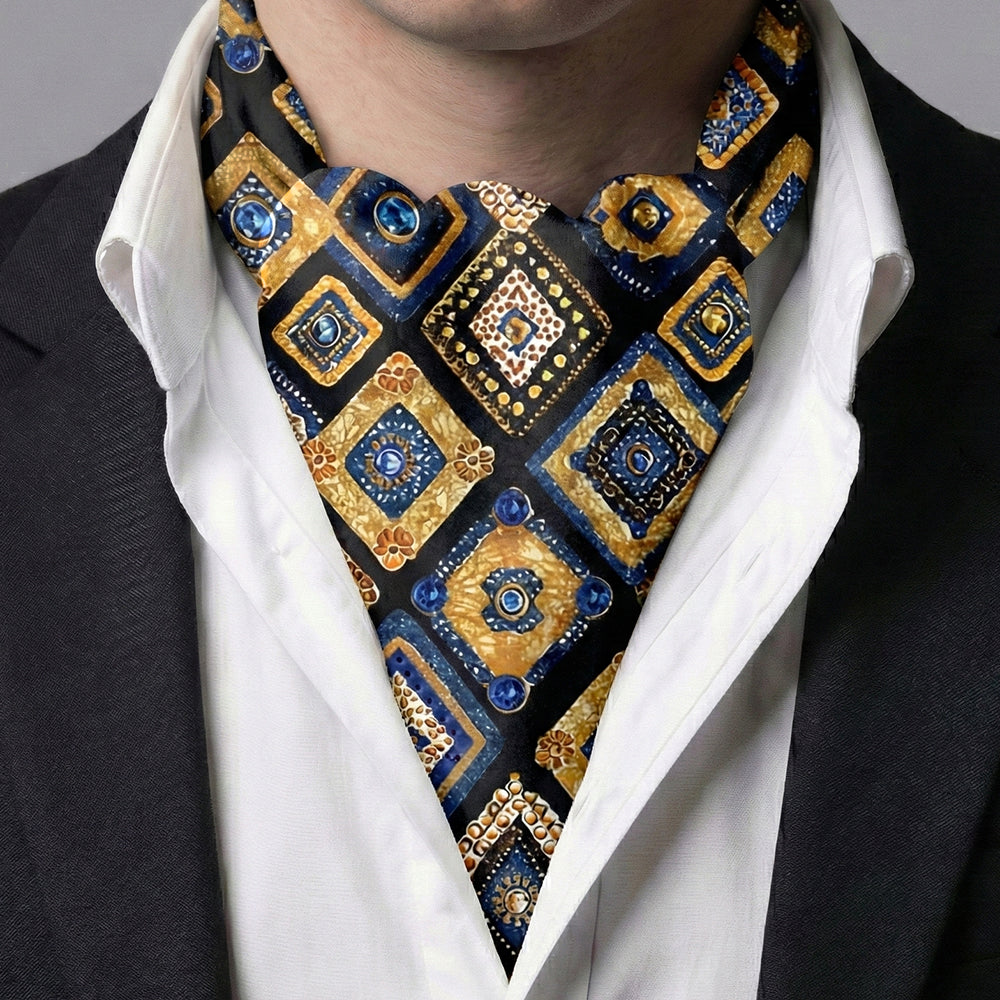 Genuine Silk Geometric Midnight Bazaar Blue & Gold Ascot Cravat