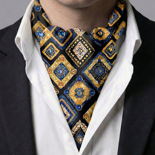 Genuine Silk Geometric Midnight Bazaar Blue & Gold Ascot Cravat