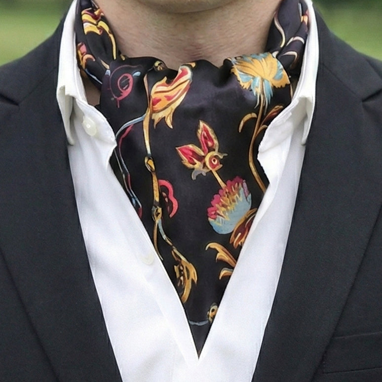 Genuine Silk Black with Gold Traditional Chinese Dragon Ascot Cravat