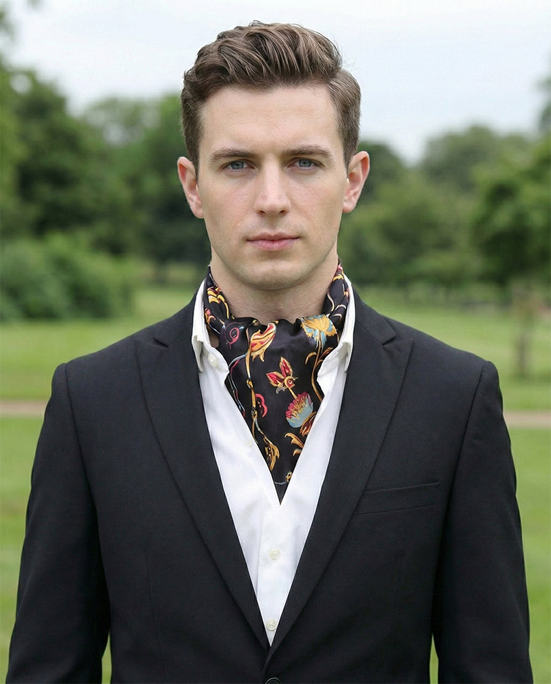 Genuine Silk Black with Gold Traditional Chinese Dragon Ascot Cravat