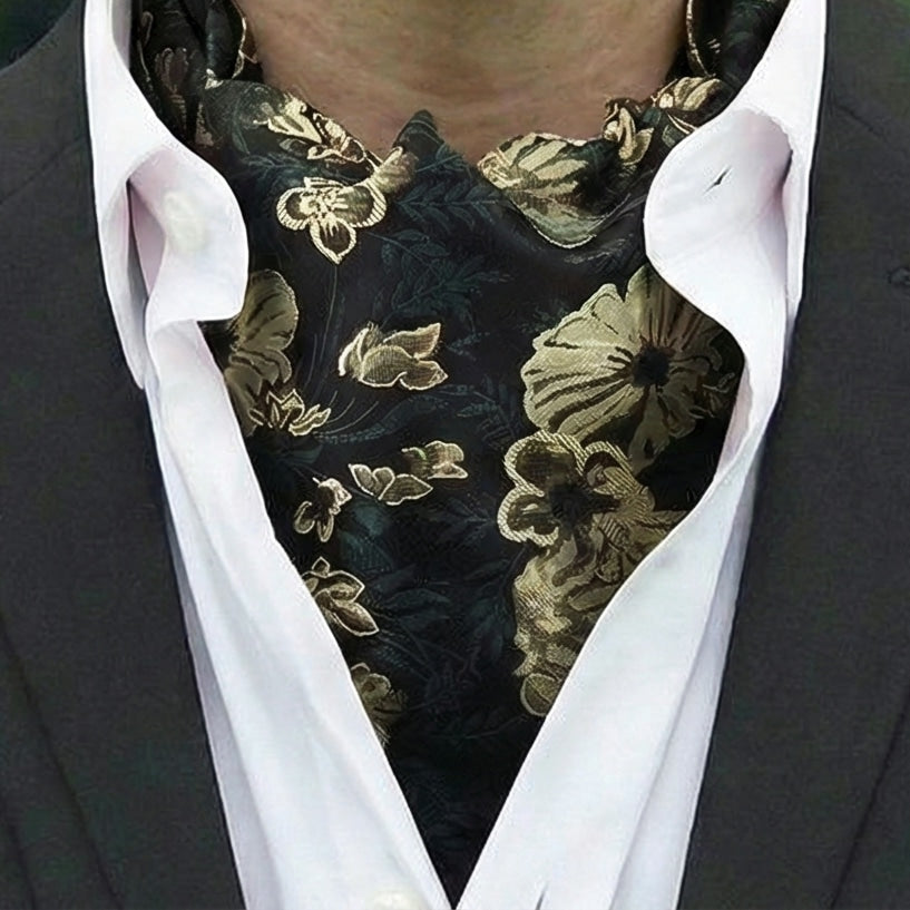 Black with Green and Gold Floral Ascot Cravat