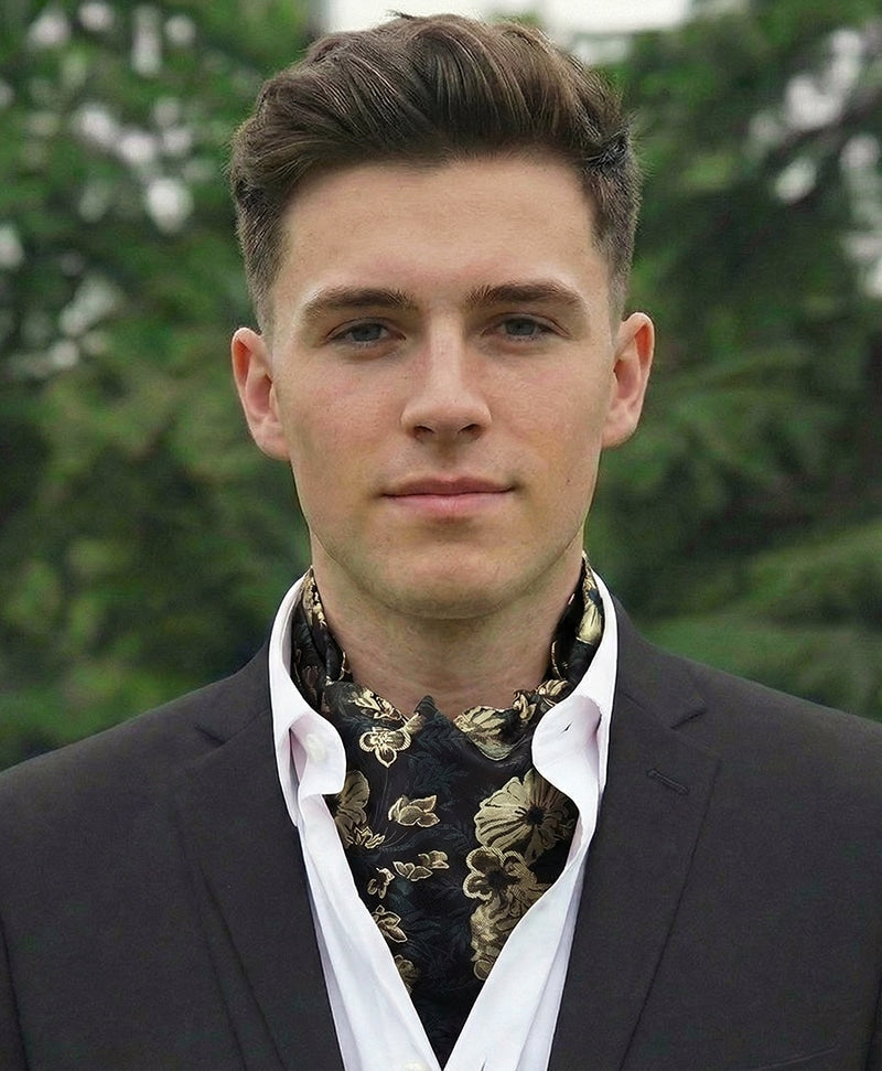 Black with Green and Gold Floral Ascot Cravat
