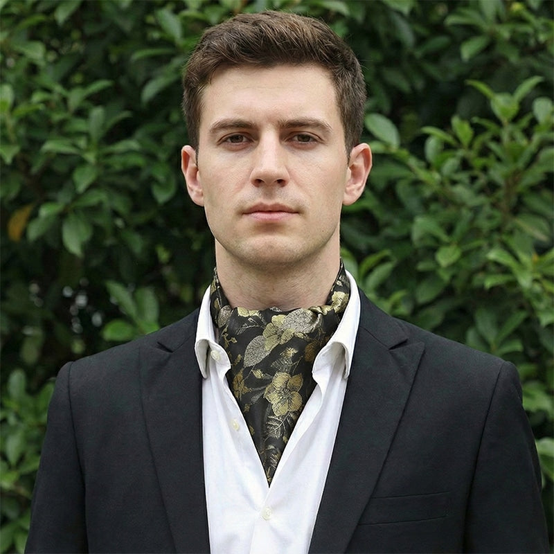 Black With Large Gold & Platinum Floral Ascot Cravat