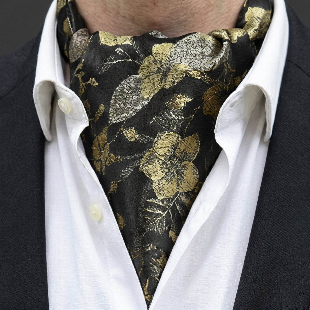 Black With Large Gold & Platinum Floral Ascot Cravat