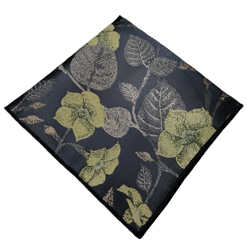 Black With Large Gold & Platinum Floral Pocket Square