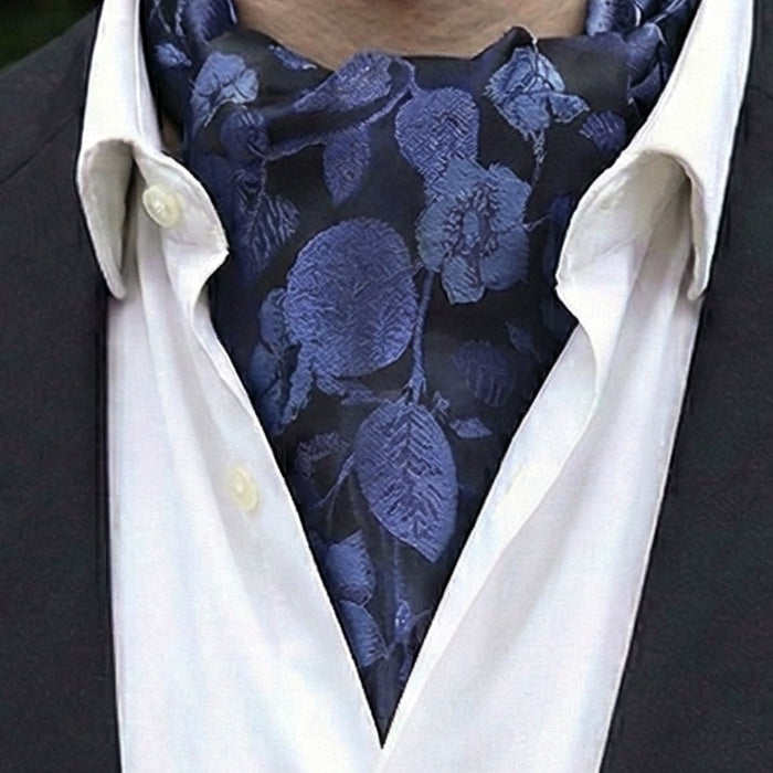 Dark Blue With Large Mid Blue Floral Ascot Cravat