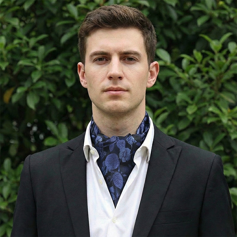 Dark Blue With Large Mid Blue Floral Ascot Cravat