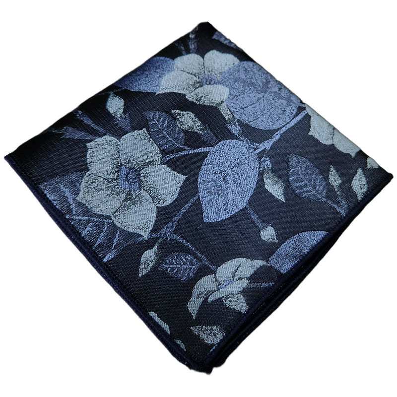 Black With Large Mid Blue Floral Pocket Square