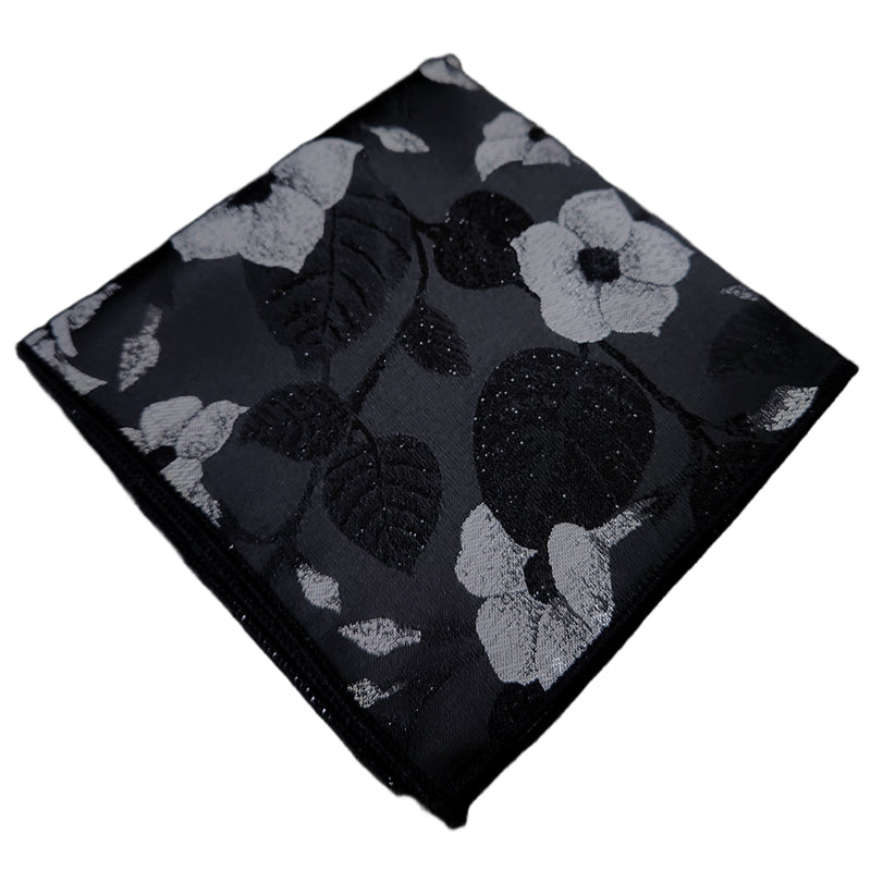 Black With Large Silver Floral Pocket Square