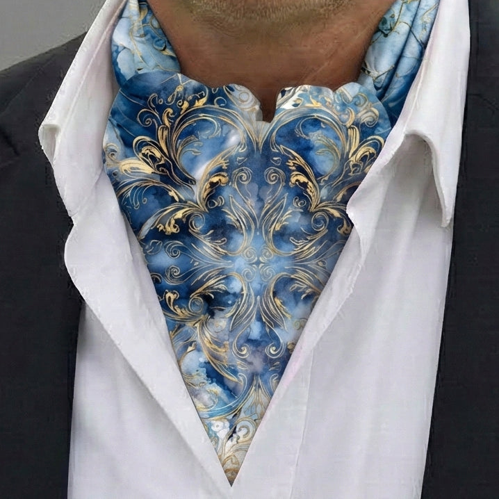 Genuine Silk Blue Gilded Baroque Ascot Cravat