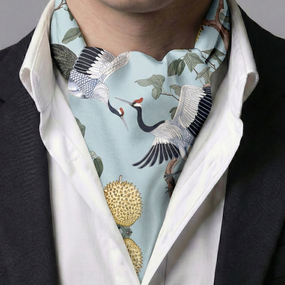 Genuine Silk Dancing Cranes Light Blue Ascot Cravat