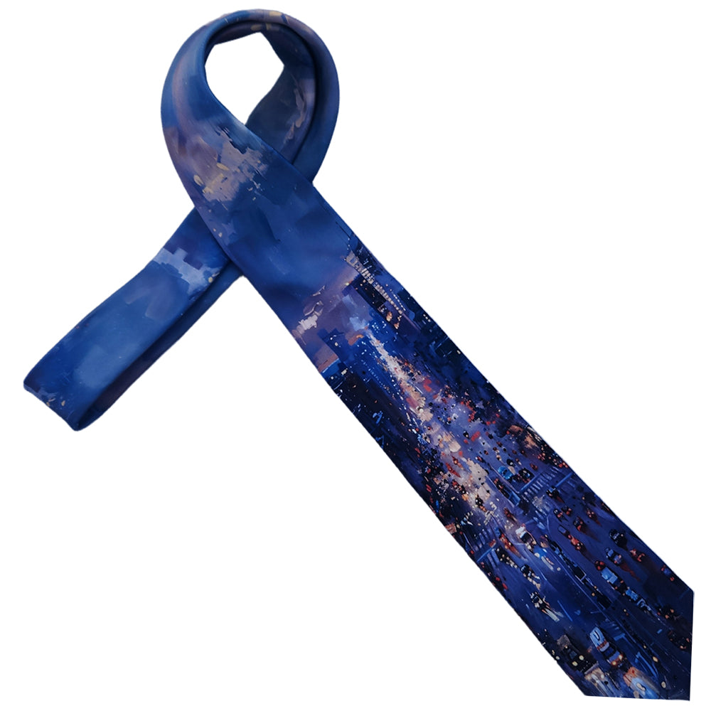 Blue tie with cityscape design on a white background