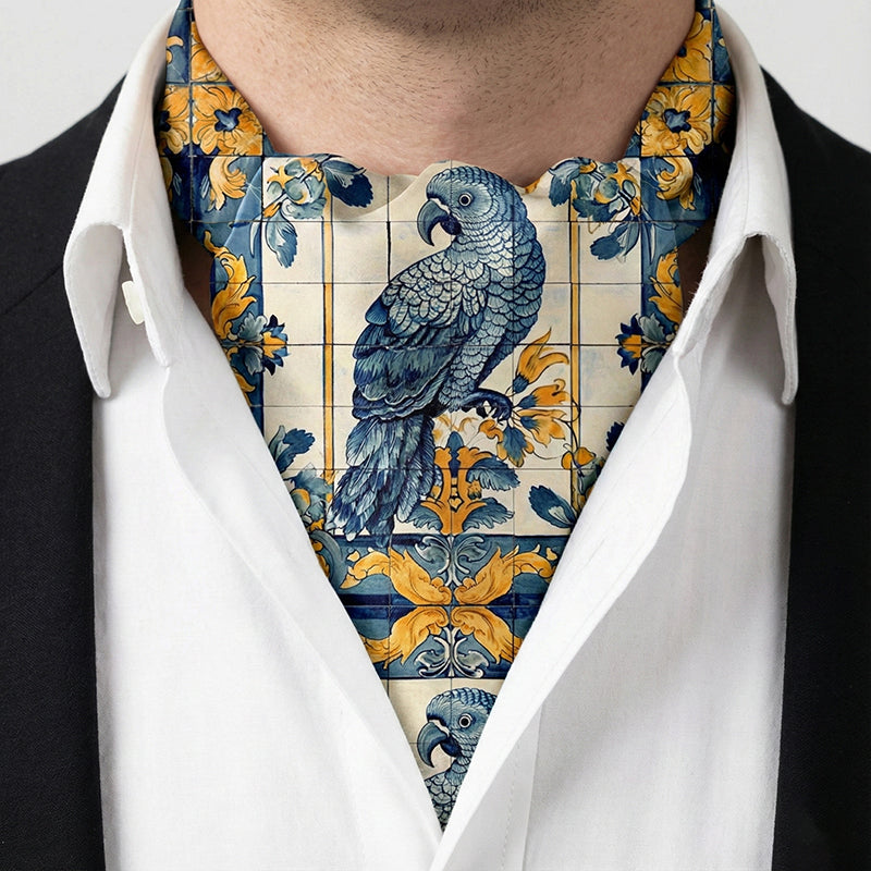 Genuine Silk Blue Parrot Floral Ascot Cravat