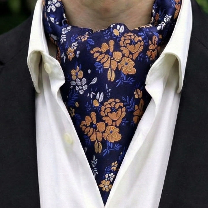 Dark Blue with White & Mustard Gold Floral Ascot Cravat