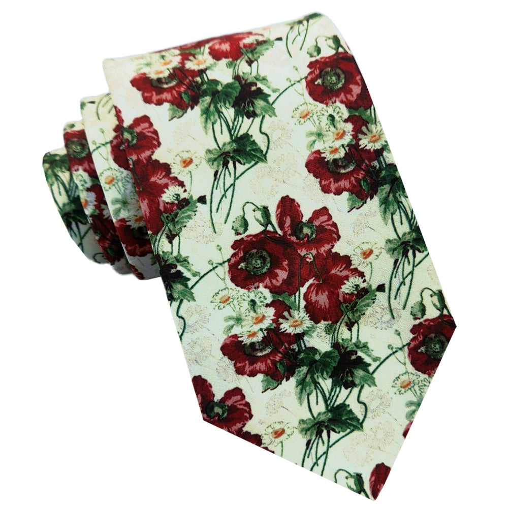 Floral patterned tie with red flowers on a white background