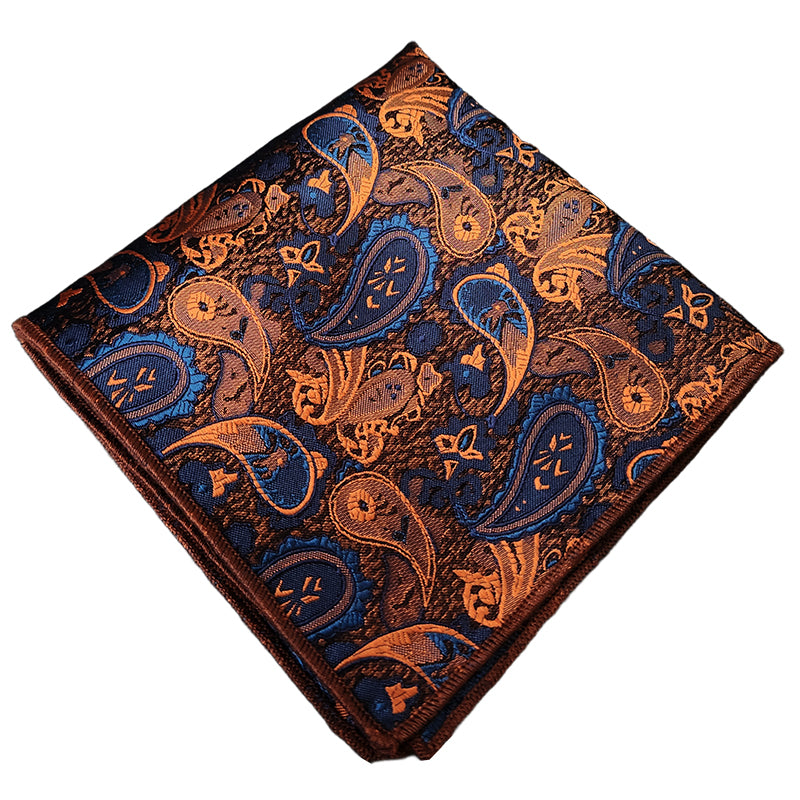 Dark Blue and Orange Paisley Teardrop Pocket Square