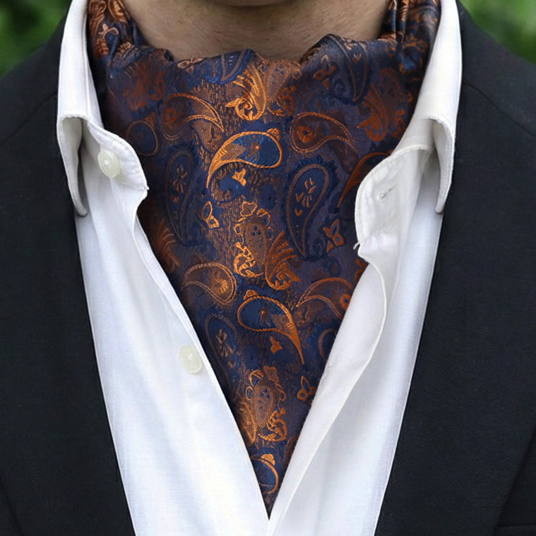 Dark Blue and Orange Paisley Teardrop Pattern Ascot