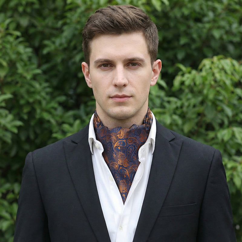 Dark Blue and Orange Paisley Teardrop Pattern Ascot