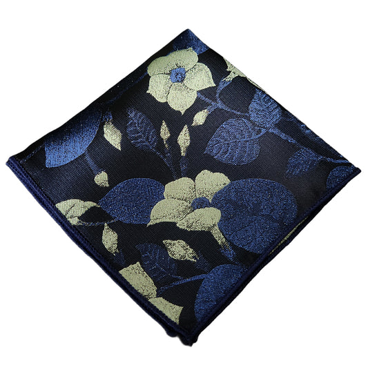 Dark Blue with Pale Gold Floral Pocket Square