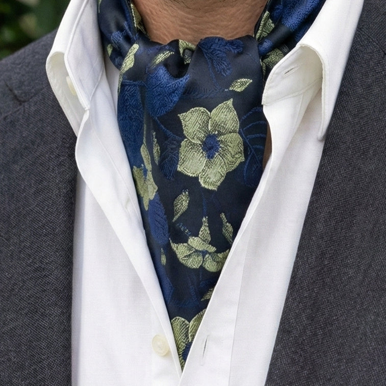 Dark Blue with Pale Gold Floral Ascot Cravat